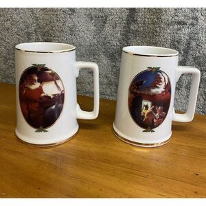 VTG‎ 1996 Coca Cola Santa Gold Trim Mugs 2 Set Collectors Edition Christmas Mugs